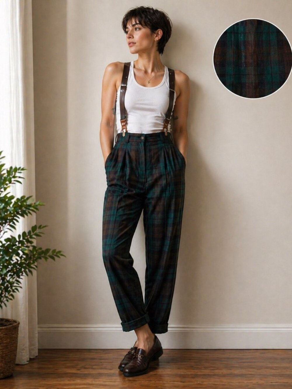 Courageous Wool Plaid Trousers High Rise Pleated Teal Brown Sz 12 Academic Chic